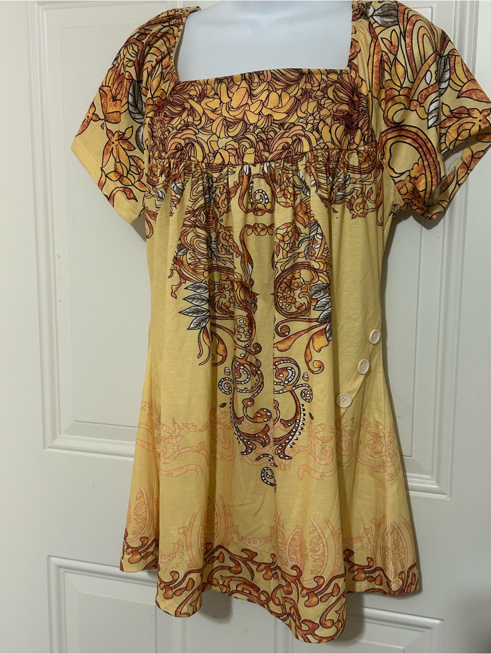 Yellow Paisley Square-Neck Tunic Top
